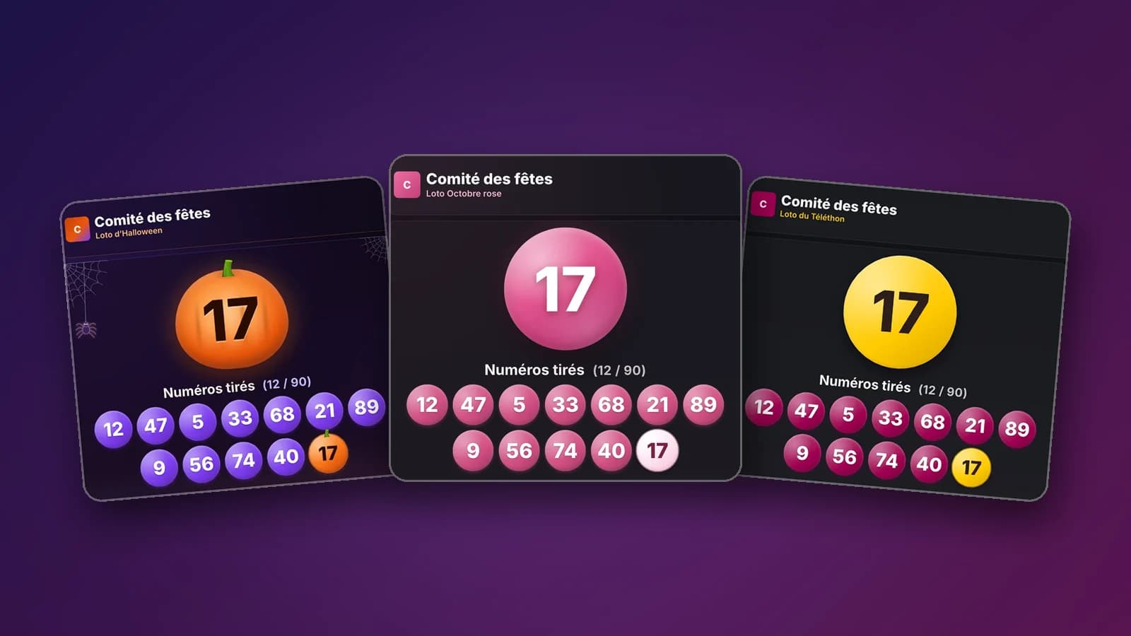 Les thèmes Halloween, Octobre rose et Téléthon de LotoAsso Live : le dernier numéro sur une citrouille, une perle rose et une boule jaune