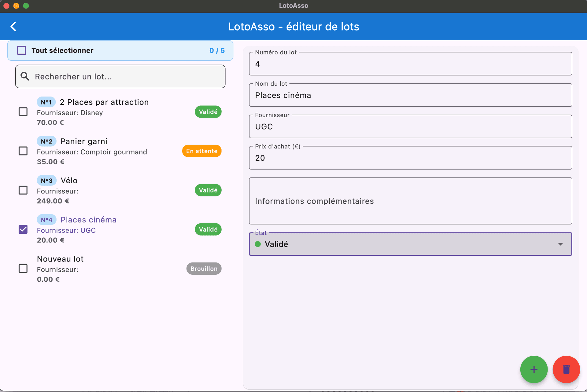 Visualisation des lots