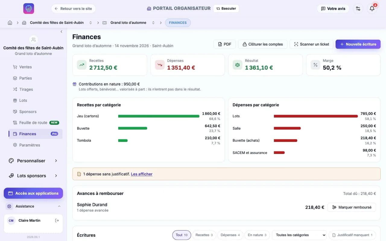portail organisateur, module finances