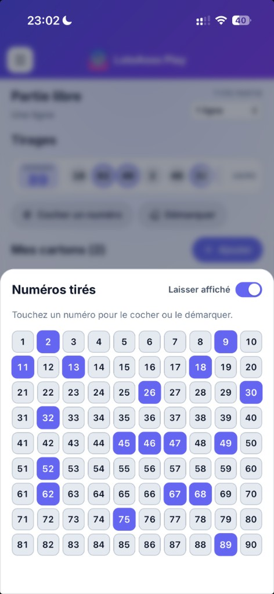Pavé de numéros tirés en partie libre