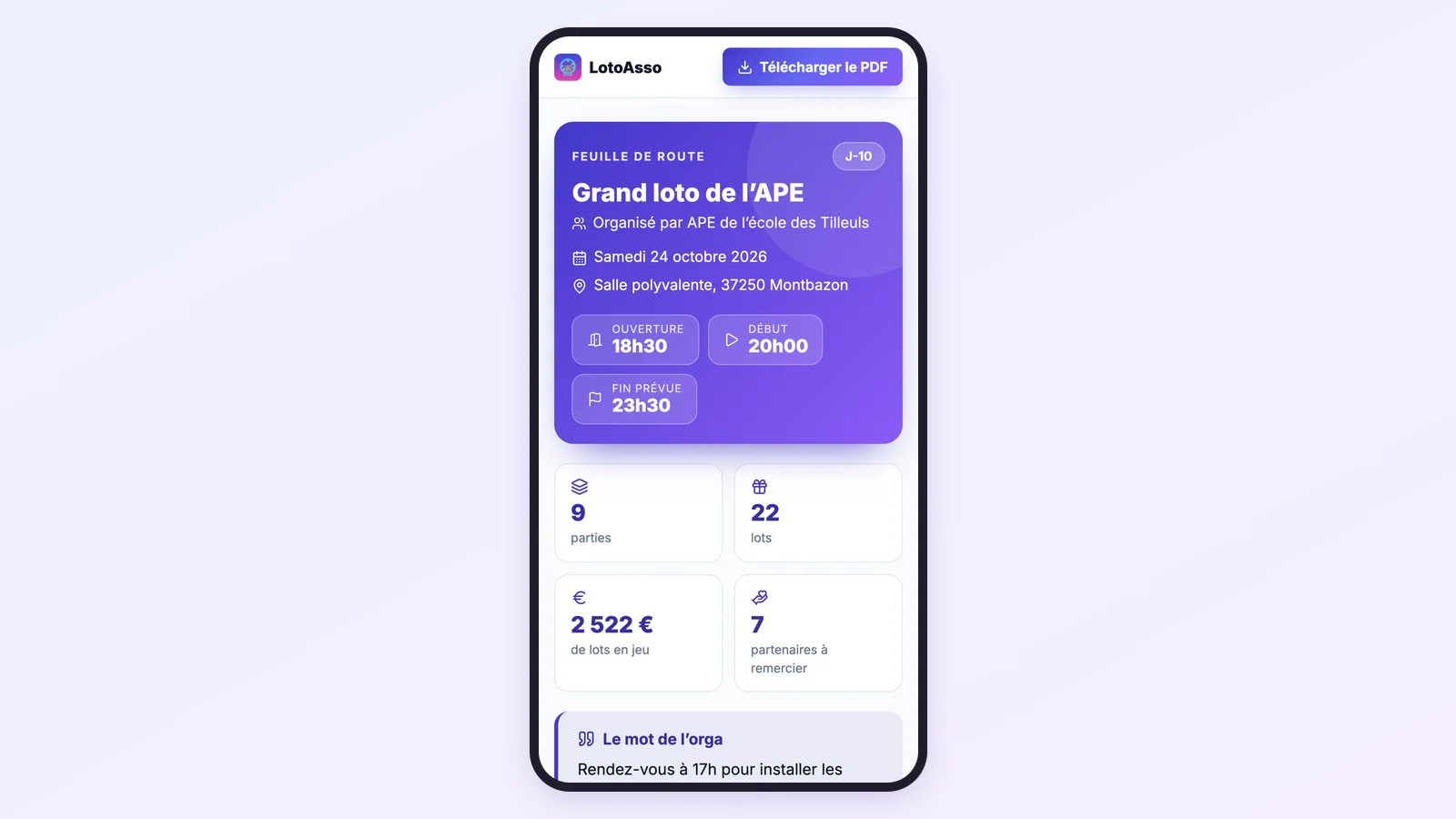 Feuille de route ouverte sur un téléphone depuis le lien partagé : titre du loto, date, lieu, horaires et chiffres clés, avec un bouton pour télécharger le PDF